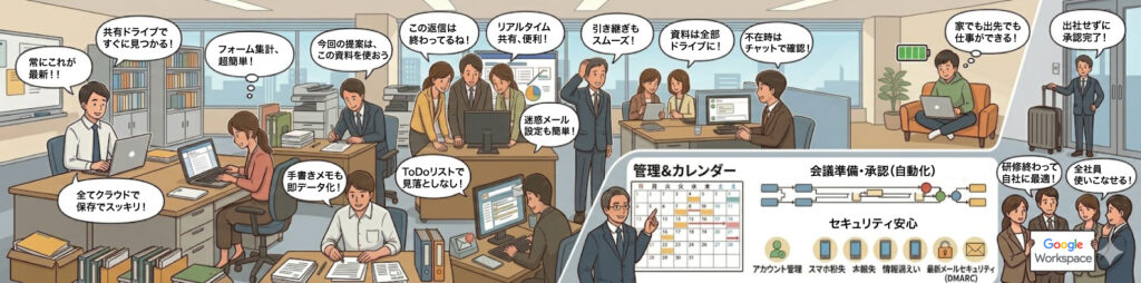 Google Workspace導入後の業務改善イメージ。共有ドライブ、チャット、カレンダー、セキュリティ、研修により業務がスムーズになる様子。