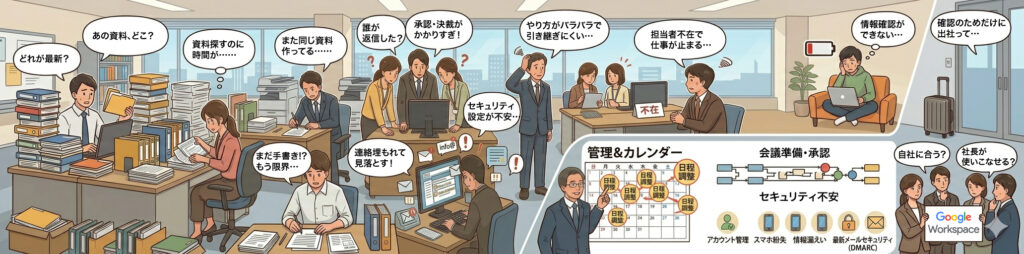 Google Workspace導入前の業務課題イメージ。資料探し、情報共有、日程調整、セキュリティ、リモート対応に困っている様子。
